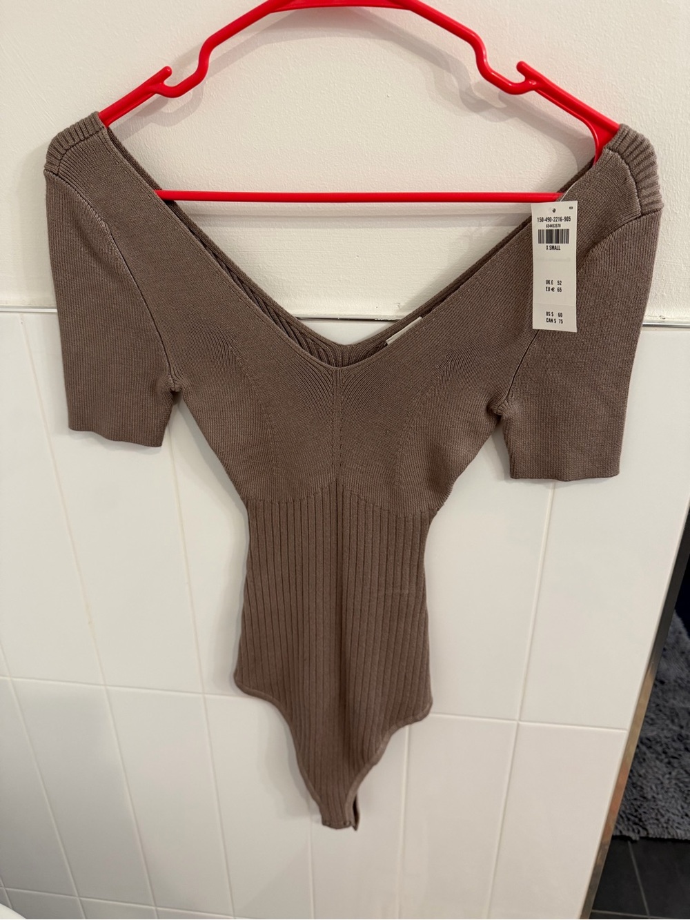 Abercrombie & Fitch Taupe Ribbed V-Neck Short Sleeve Bodysuit